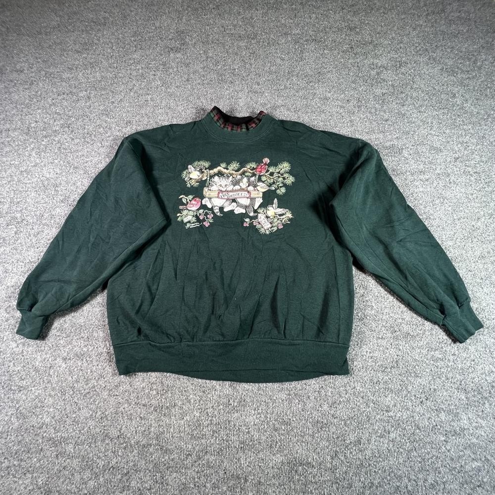 Vintage Morning Sun Sweatshirt Women's XL Green Fleece-Lined Cats Birds Cardinal